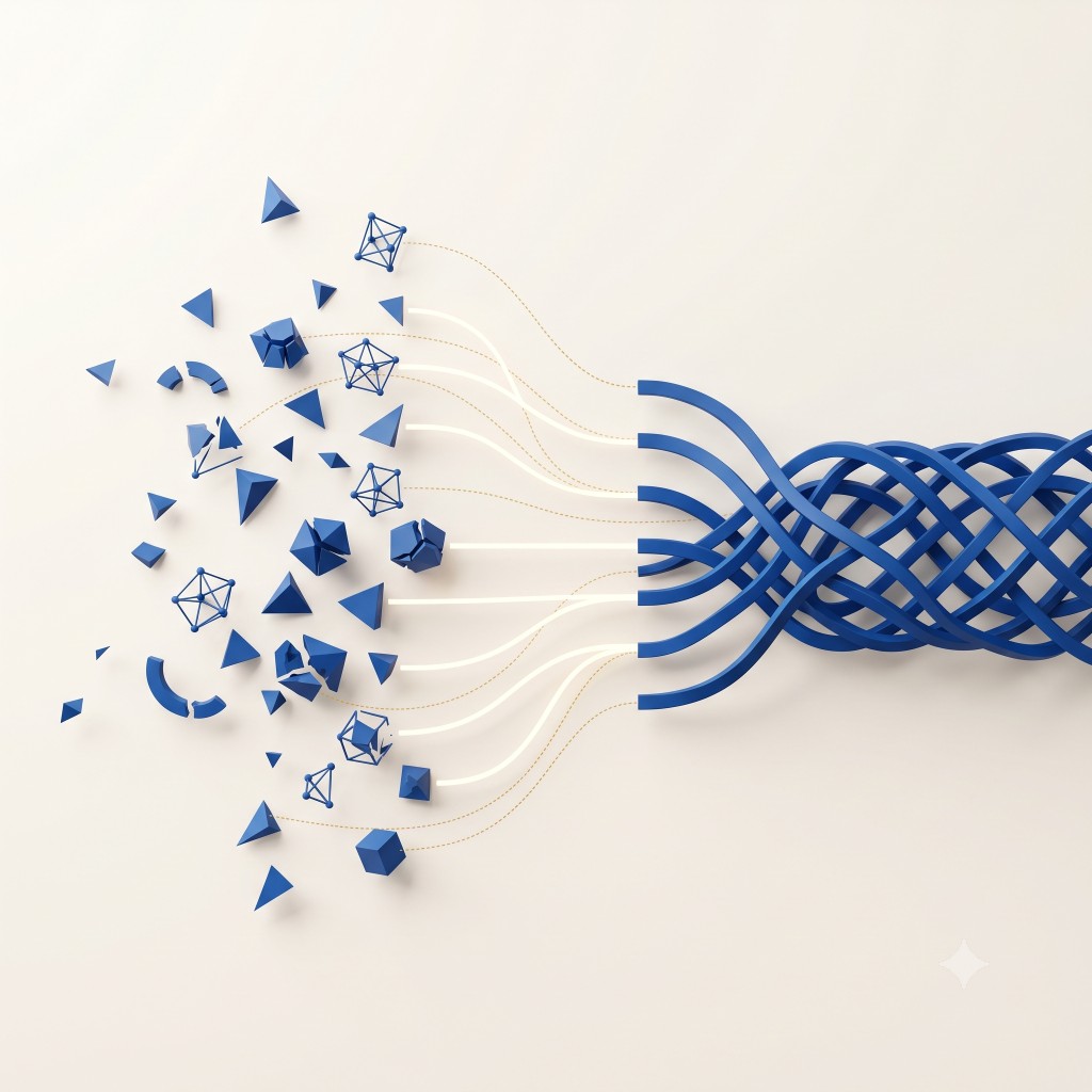 Fragmented data shapes converging into a unified provenance-rich knowledge stream