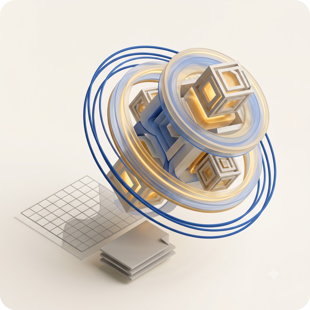 Nested knowledge structure with orbital rings representing governance and analytics